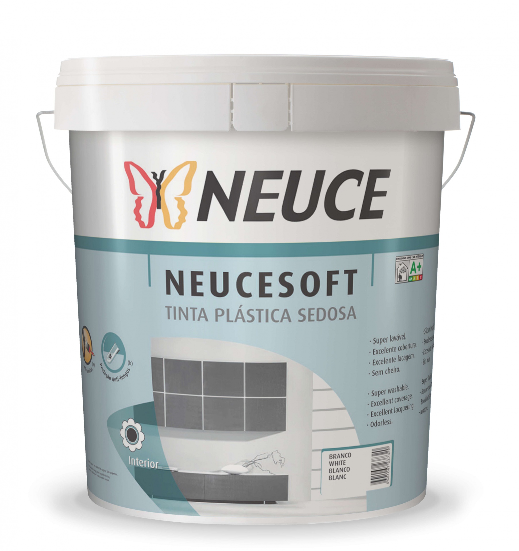 Balde branco de tinta plástica Neuce Neucesoft com rótulo azul e texto informativo