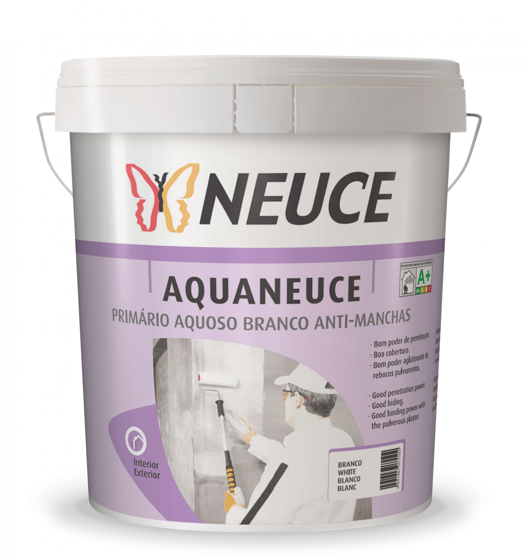 Balde de primário aquoso branco anti-manchas NEUCE com etiqueta lilás e imagem de pintor