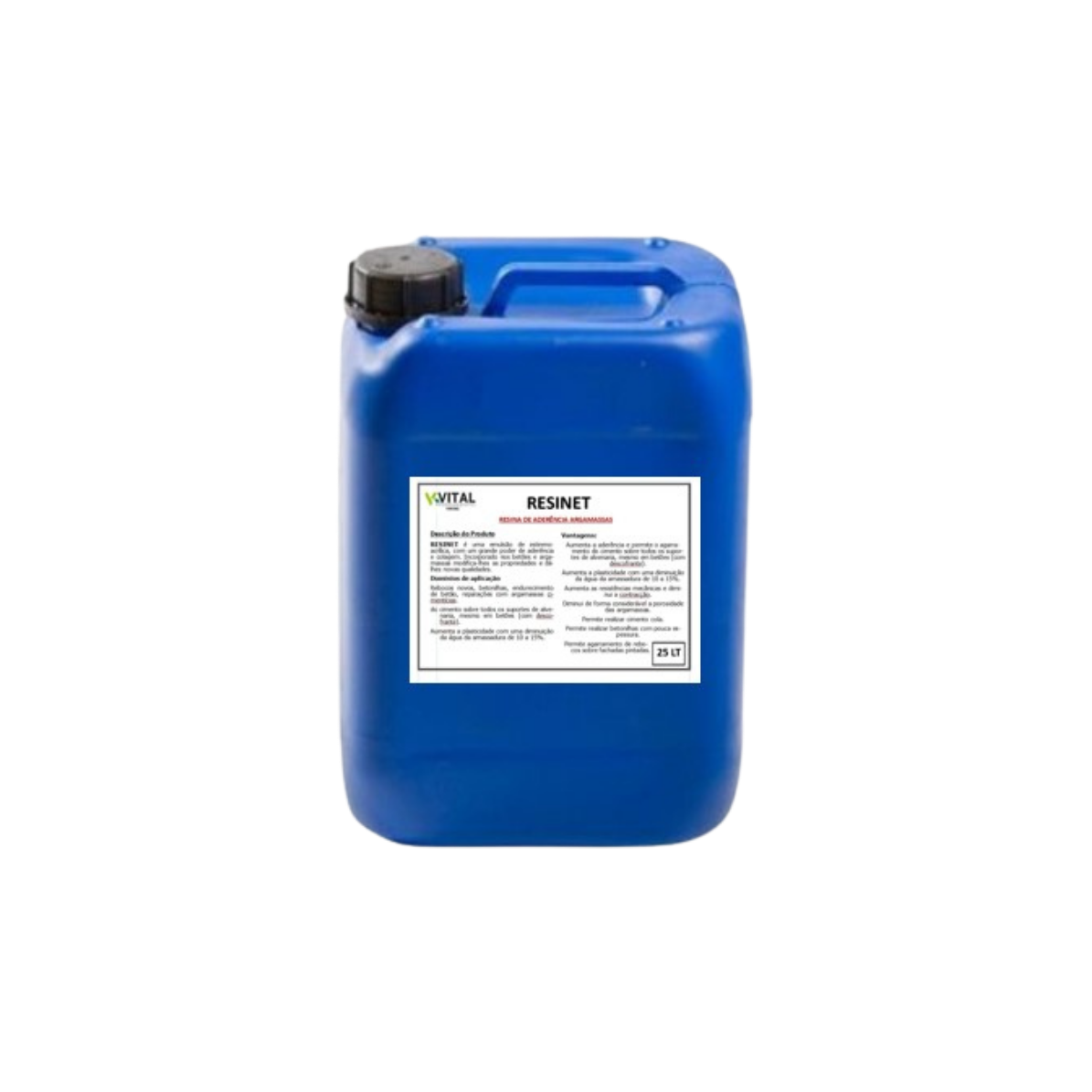 Recipiente azul de plástico com etiqueta branca RESINET