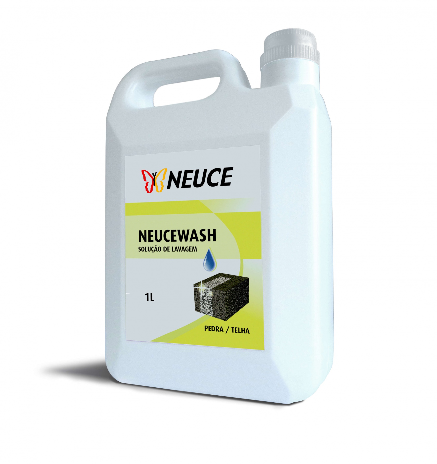 Recipiente branco de plástico de 1 litro com etiqueta amarela de solução de lavagem NEUCEWASH