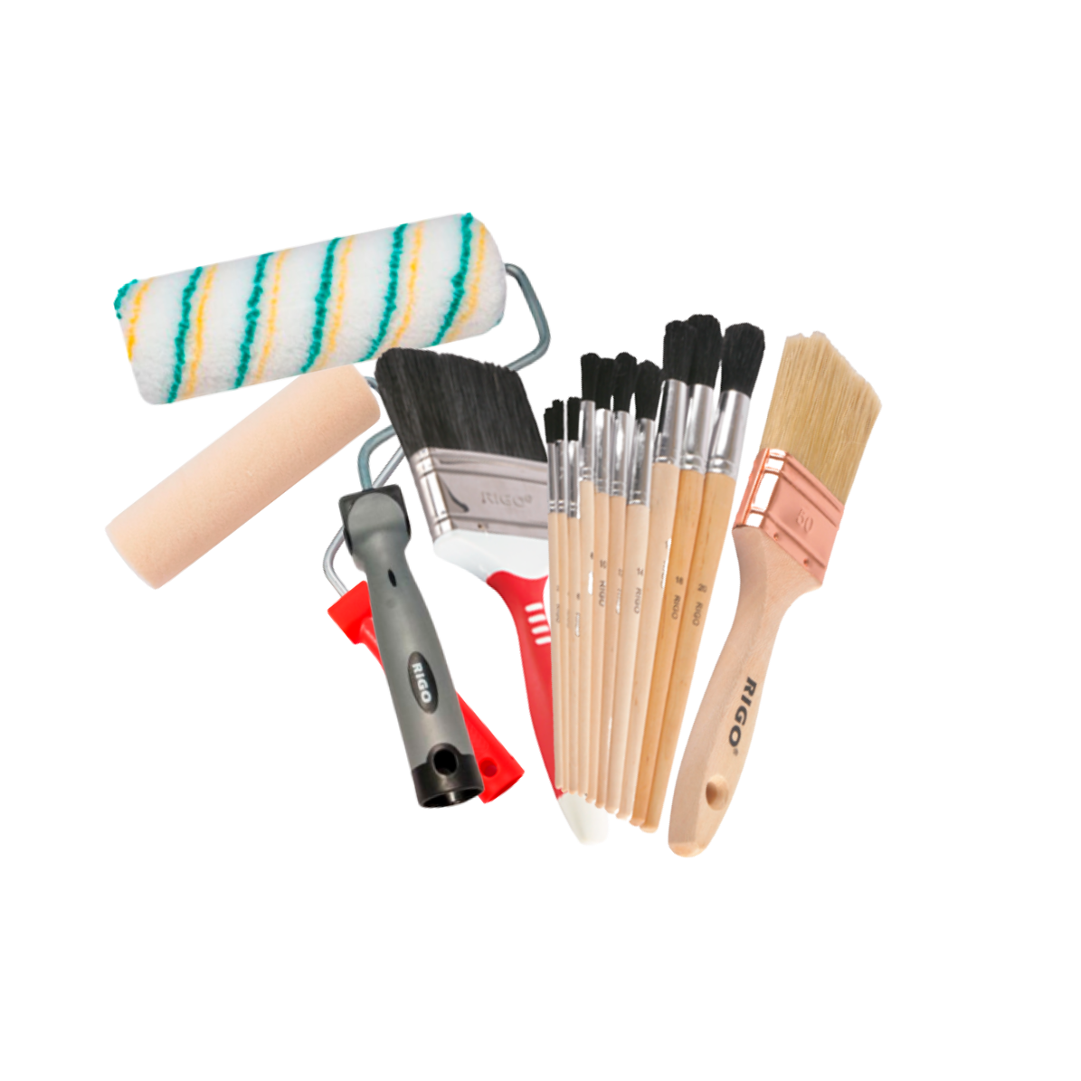 Conjunto de rolos e pincéis para pintura com cabos de madeira e plástico em várias cores.
