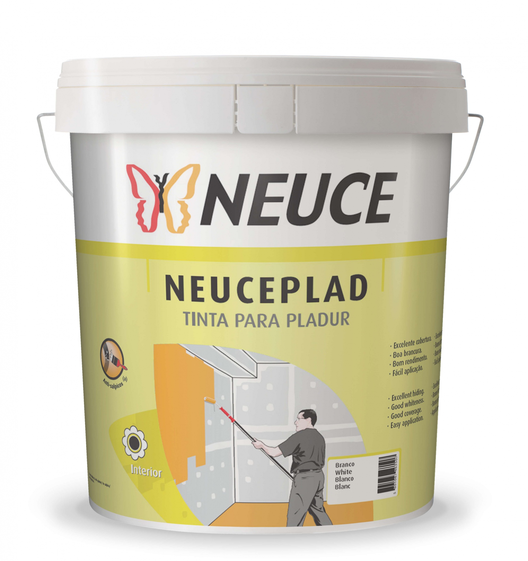 Balde de tinta branca NEUCE para pladur com rótulo amarelo e figura de pessoa a pintar
