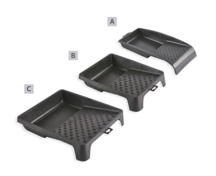 Três bandejas de pintura plásticas pretas com letras A B C