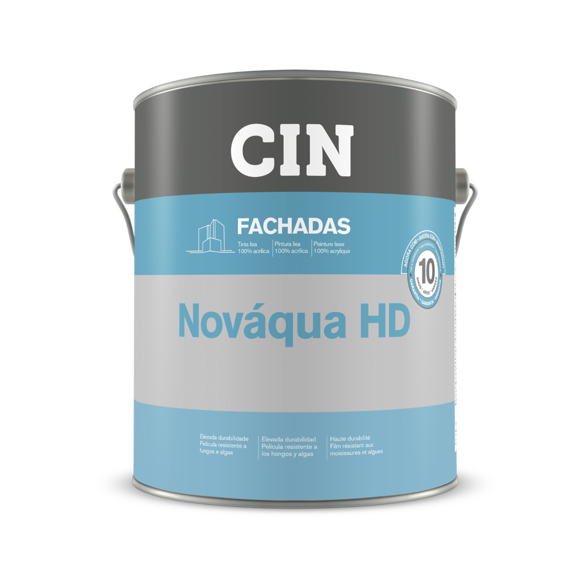 Lata de tinta CIN Nováqua HD para fachadas com design cinzento, azul e branco