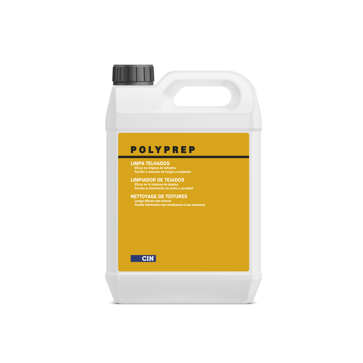 Galão branco de plástico com rótulo amarelo e tampa preta