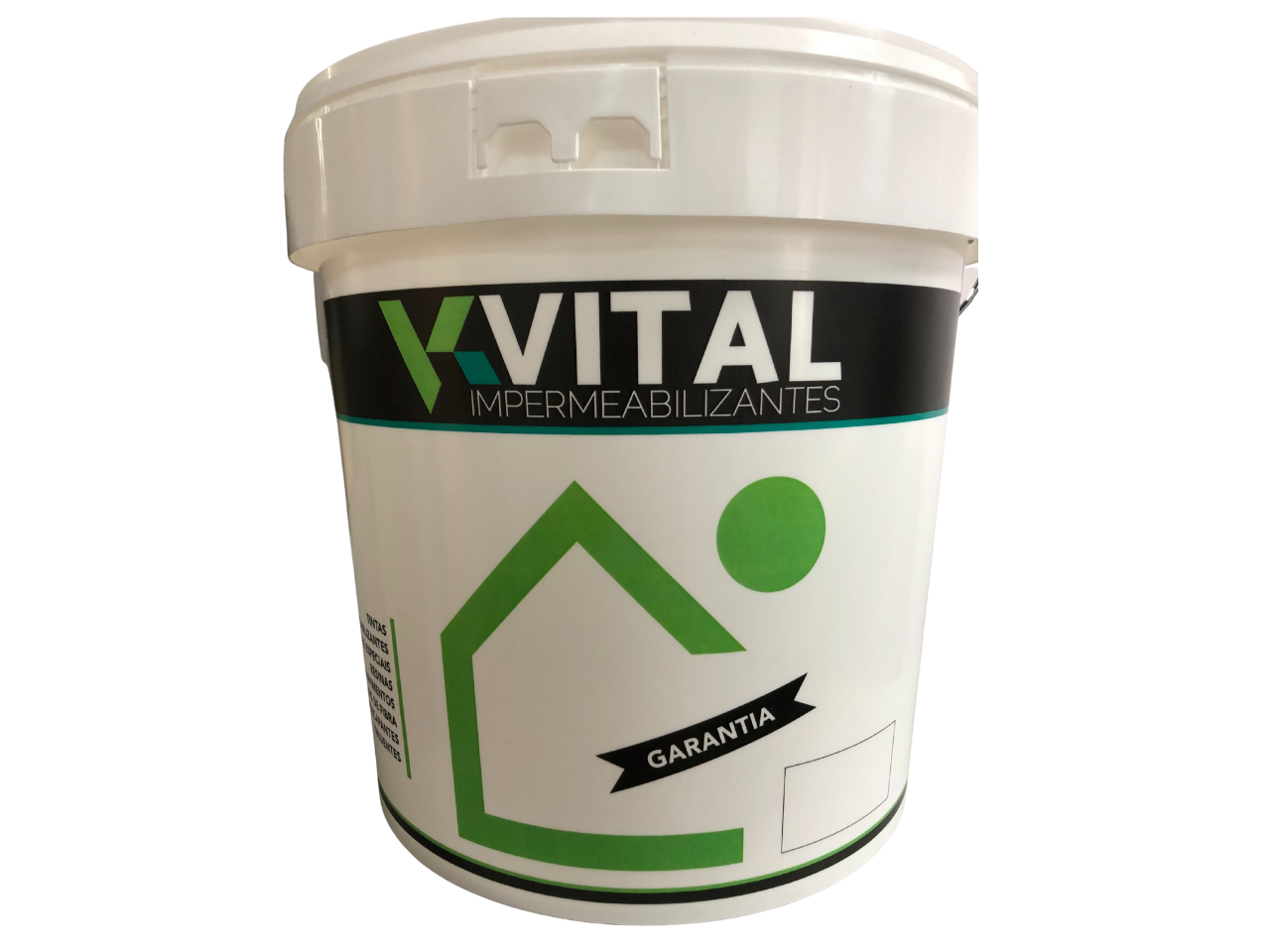 Balde branco de impermeabilizante XVITAL com gráfico de casa verde e palavra GARANTIA.