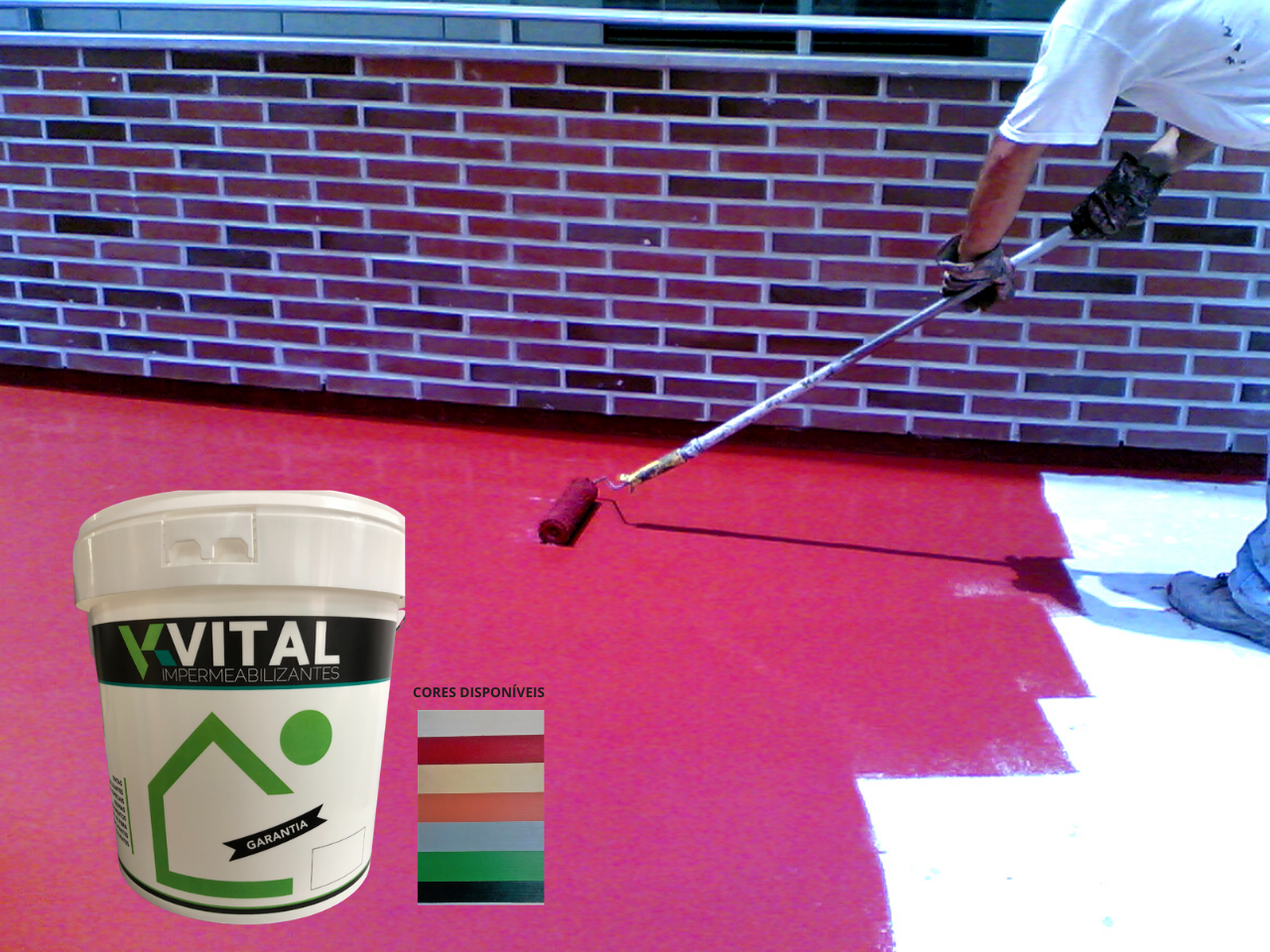 Balde de tinta impermeabilizante VITAL branco com rolo pintando chão de vermelho, paleta de cores disponível ao lado