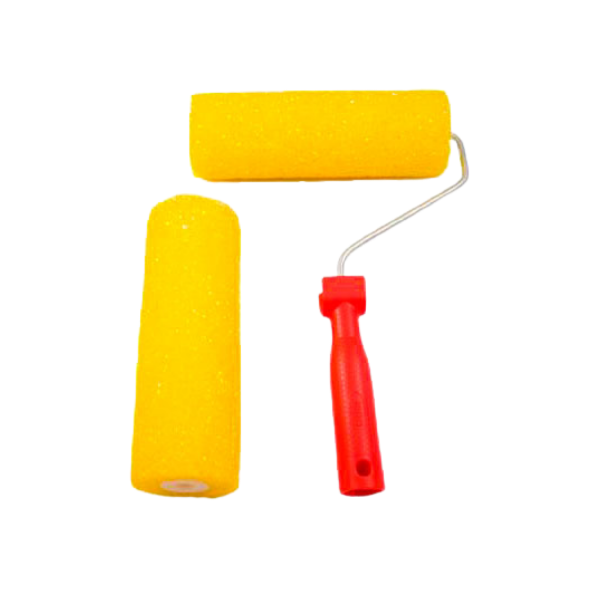 Rolo de pintura esponjoso amarelo com cabo vermelho e recambio na mesma cor