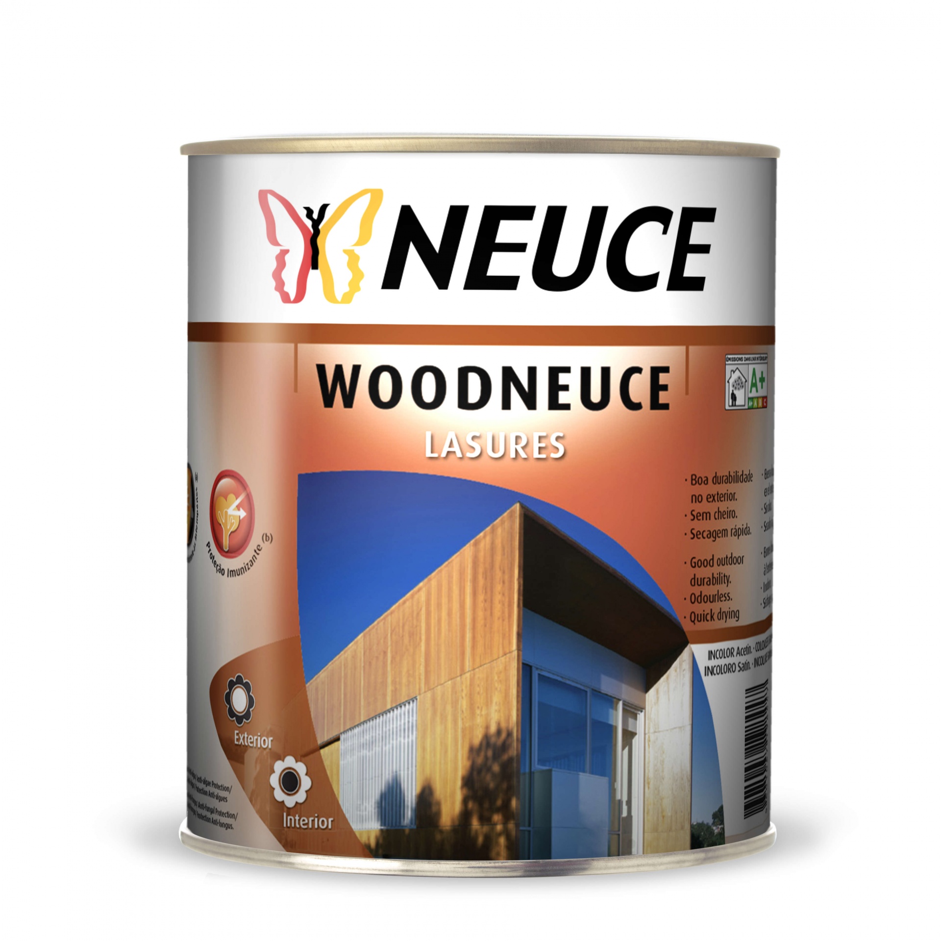 Lata de verniz Woodneuce da Neuce com imagem de casa moderna em madeira