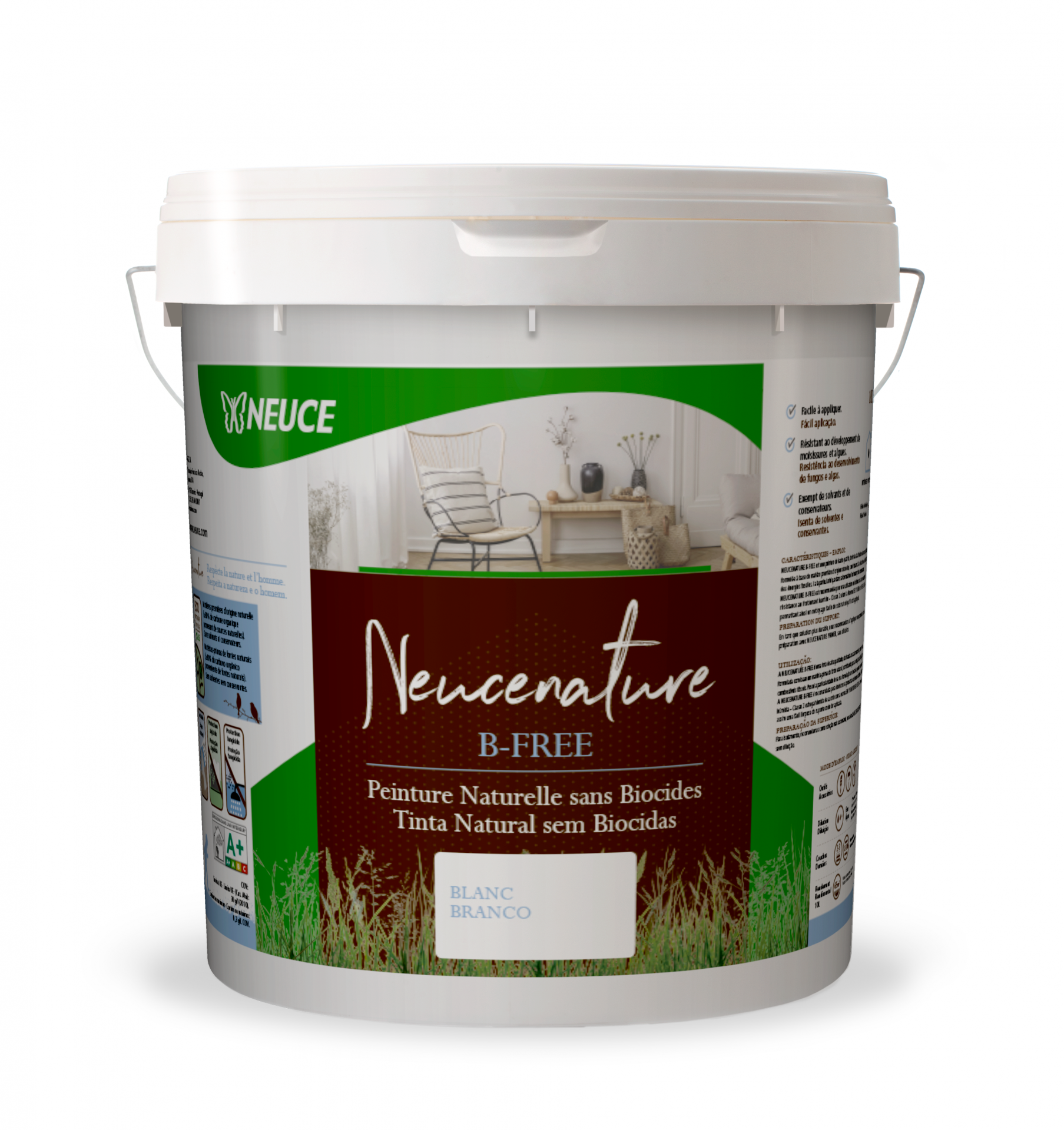 Balde de tinta natural branca Neucenature B-Free com rótulo verde e castanho