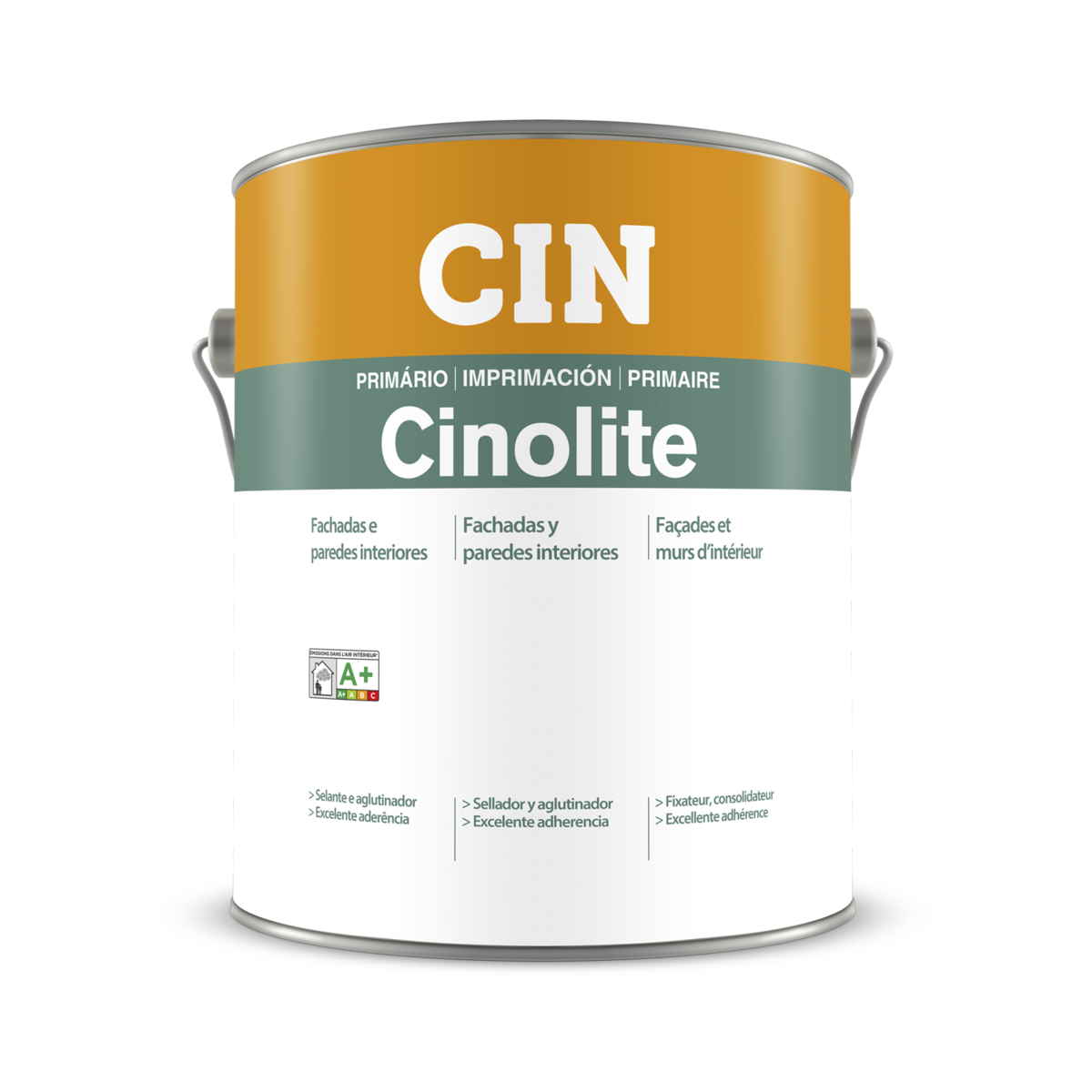 Lata de tinta Cinolite da marca CIN com design de rótulo em amarelo ocre, verde cinza e branco.