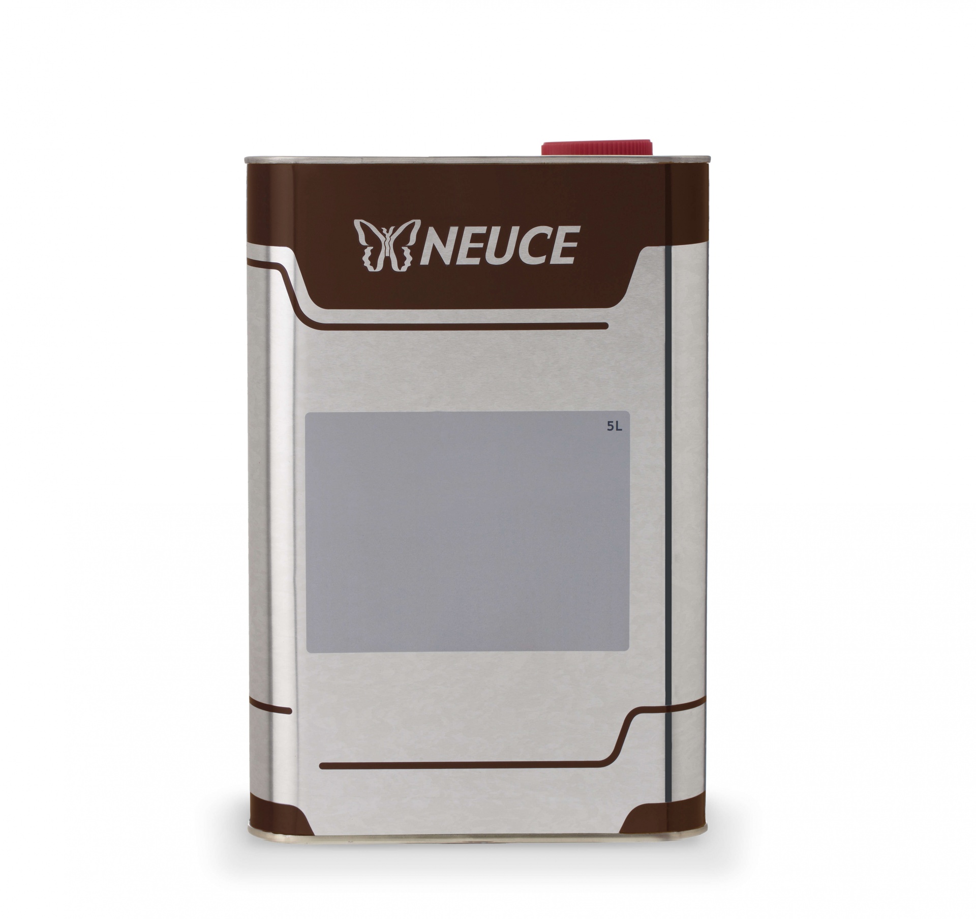 Recipiente metálico retangular com tampa vermelha e marca NEUCE