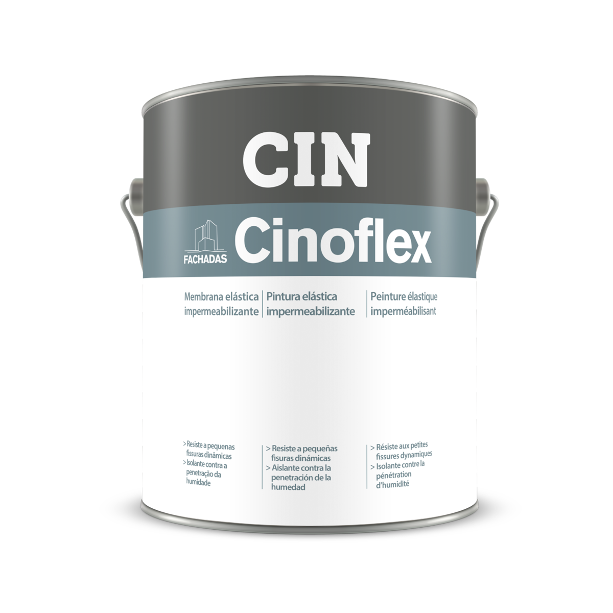 Lata de tinta CIN Cinoflex para fachadas, embalagem metálica branco e cinza