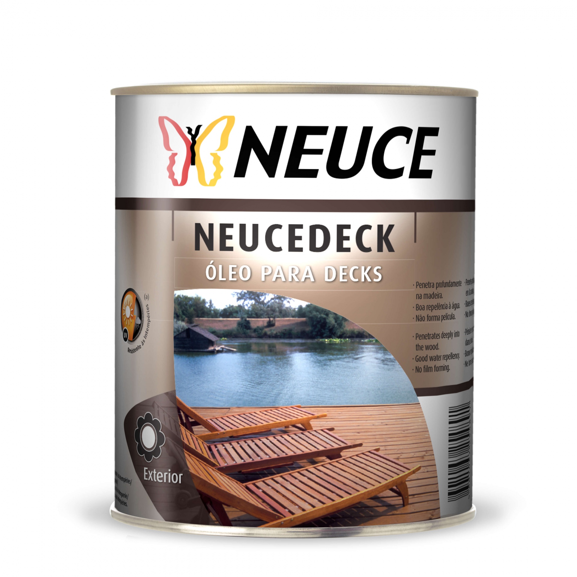 Lata de óleo para decks NEUCE com imagem de deck de madeira e lago