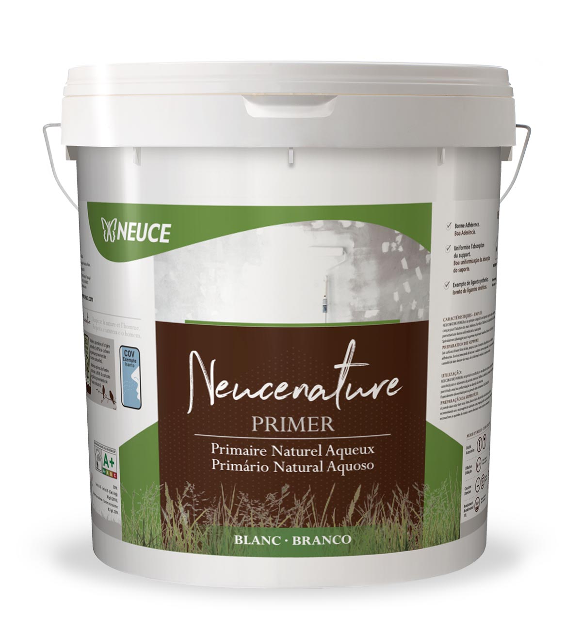 Recipiente branco de primer Neucenature com etiqueta verde e castanha