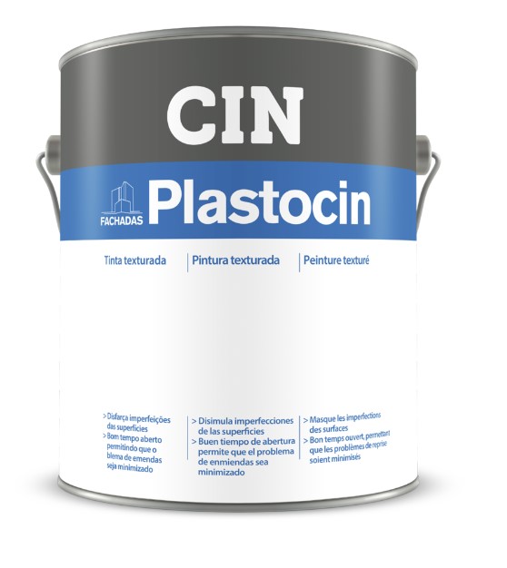Lata de tinta texturada CIN Plastocin Fassadas com cores branca, cinza e azul