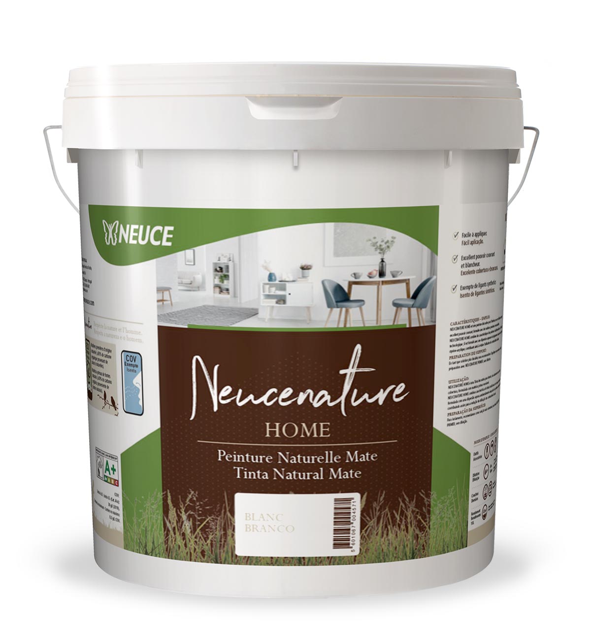 Balde de tinta mate Neucenature HOME branco com rótulo verde e castanho