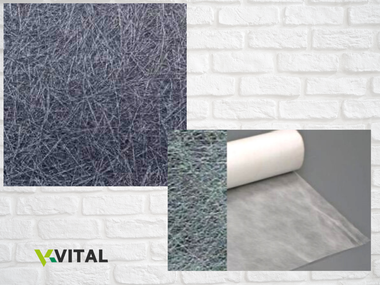 Fibras sintéticas cinzentas, rolo de material translúcido cinzento sobre fundo cinzento e padrão de tijolos brancos.