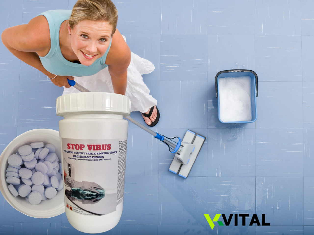 Frasco de detergente desinfetante STOP VIRUS com balde de pastilhas e esfregão em piso azul