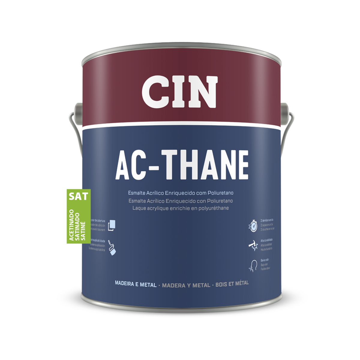 Lata de tinta CIN AC-THANE azul escura e vinho com texto branco