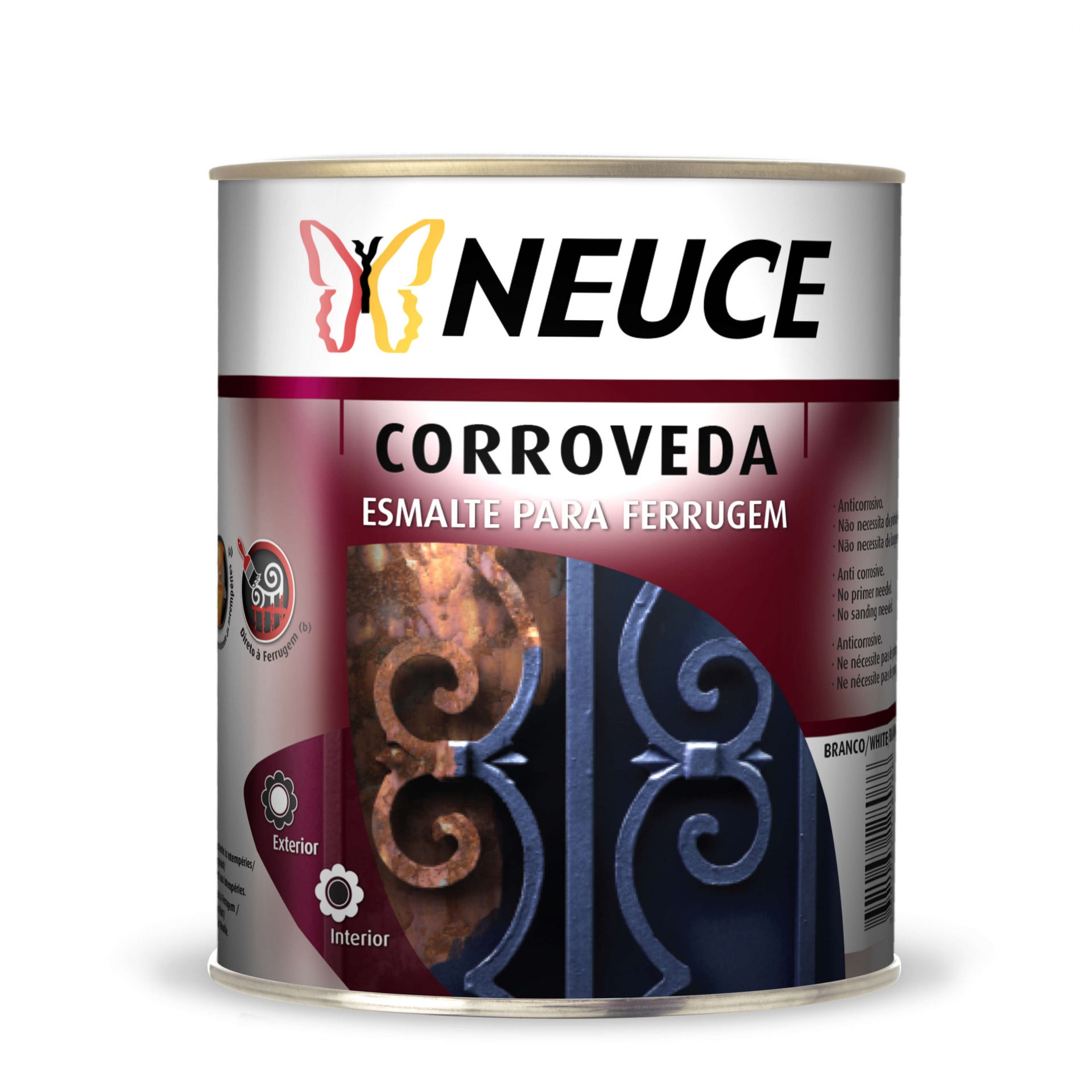 Lata de esmalte para ferrugem NEUCE Corroveda com rótulo bordô e branca, mostrando ferro enferrujado e pintado