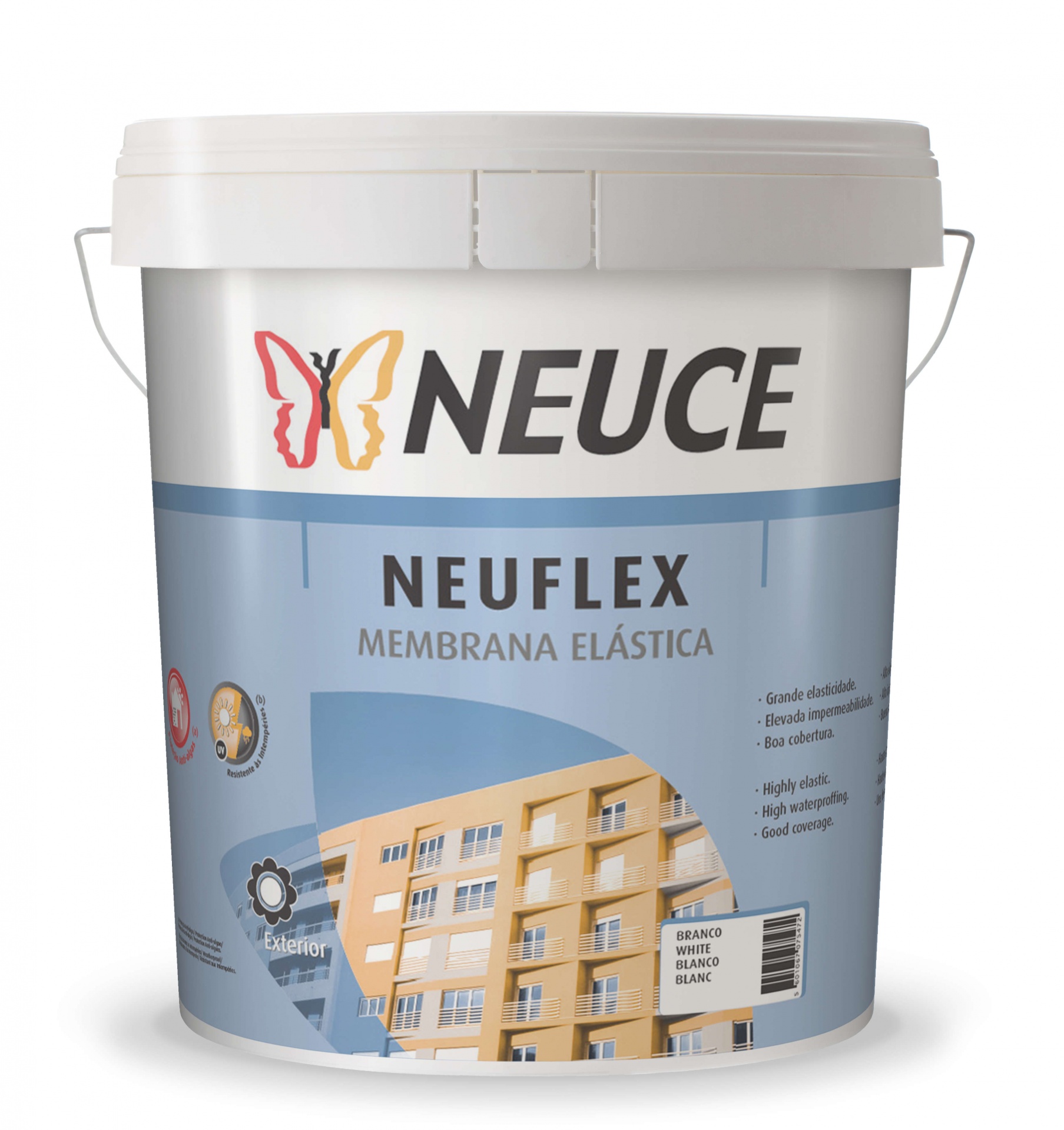 Recipiente de NEUFLEX membrana elástica da NEUCE com imagem de prédio amarelo