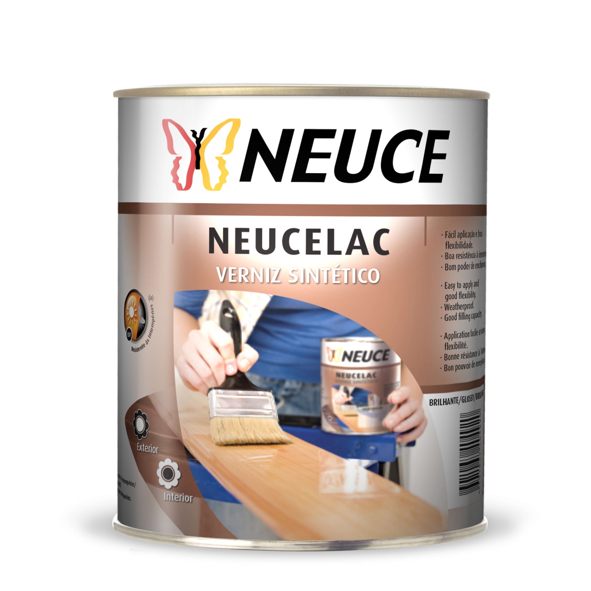 Lata de verniz sintético NEUCELAC da marca NEUCE com rótulo e imagem de aplicação