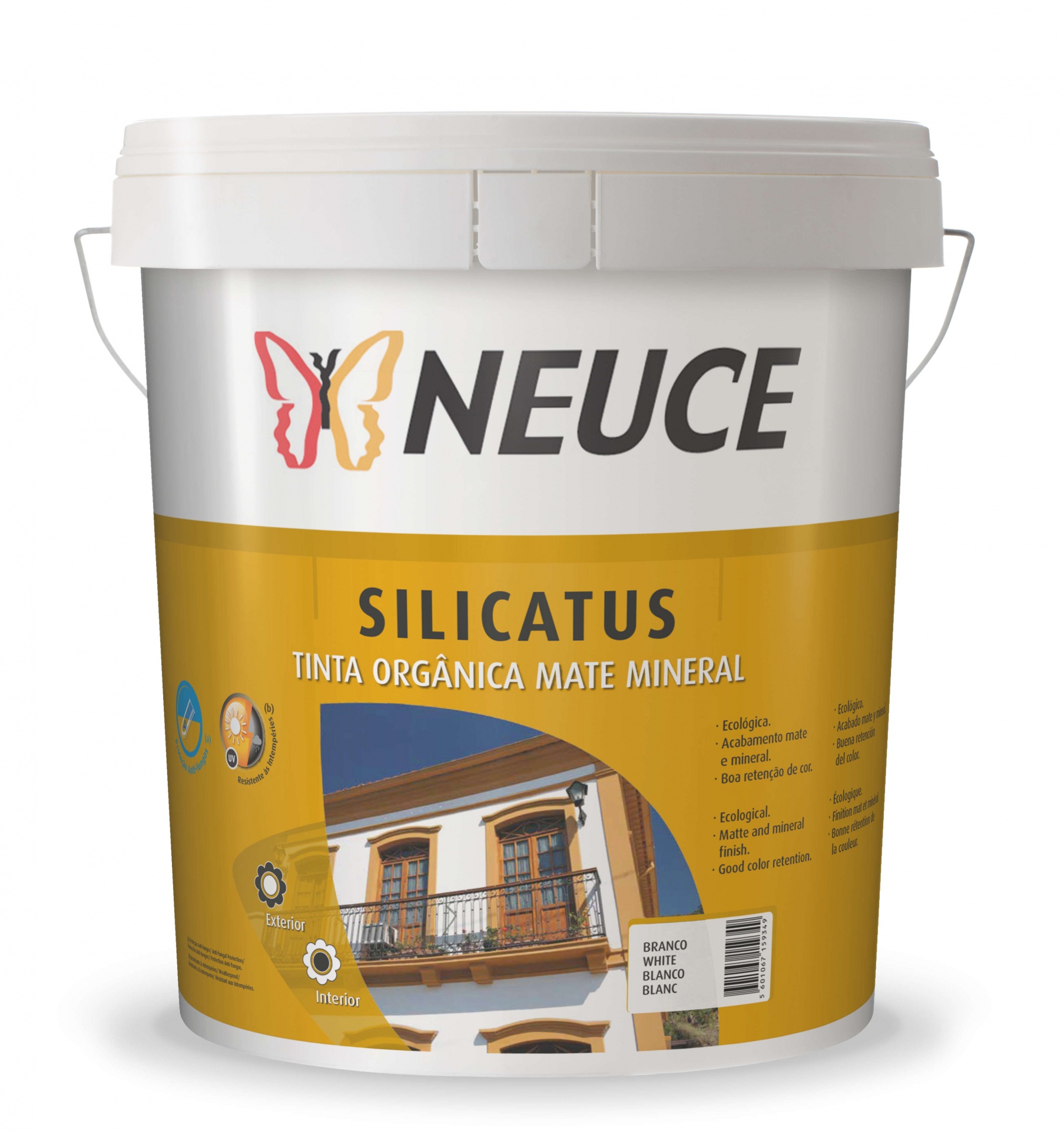 Balde de tinta orgânica mate mineral NEUCE SILICATUS com rótulo amarelo e imagem de casa