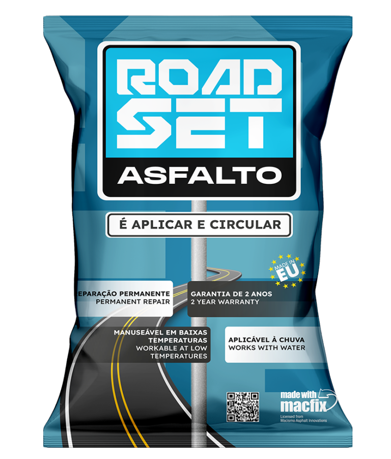 Embalagem azul do produto ROAD SET ASFALTO para reparação de asfalto
