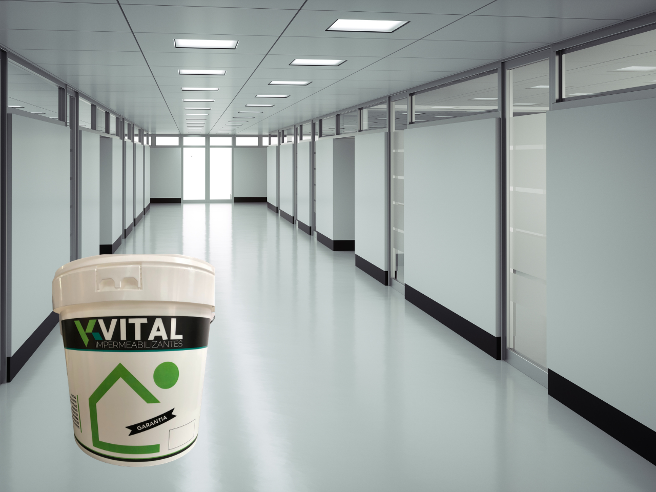 Balde branco de tinta VITAL com etiqueta verde e preta num corredor moderno