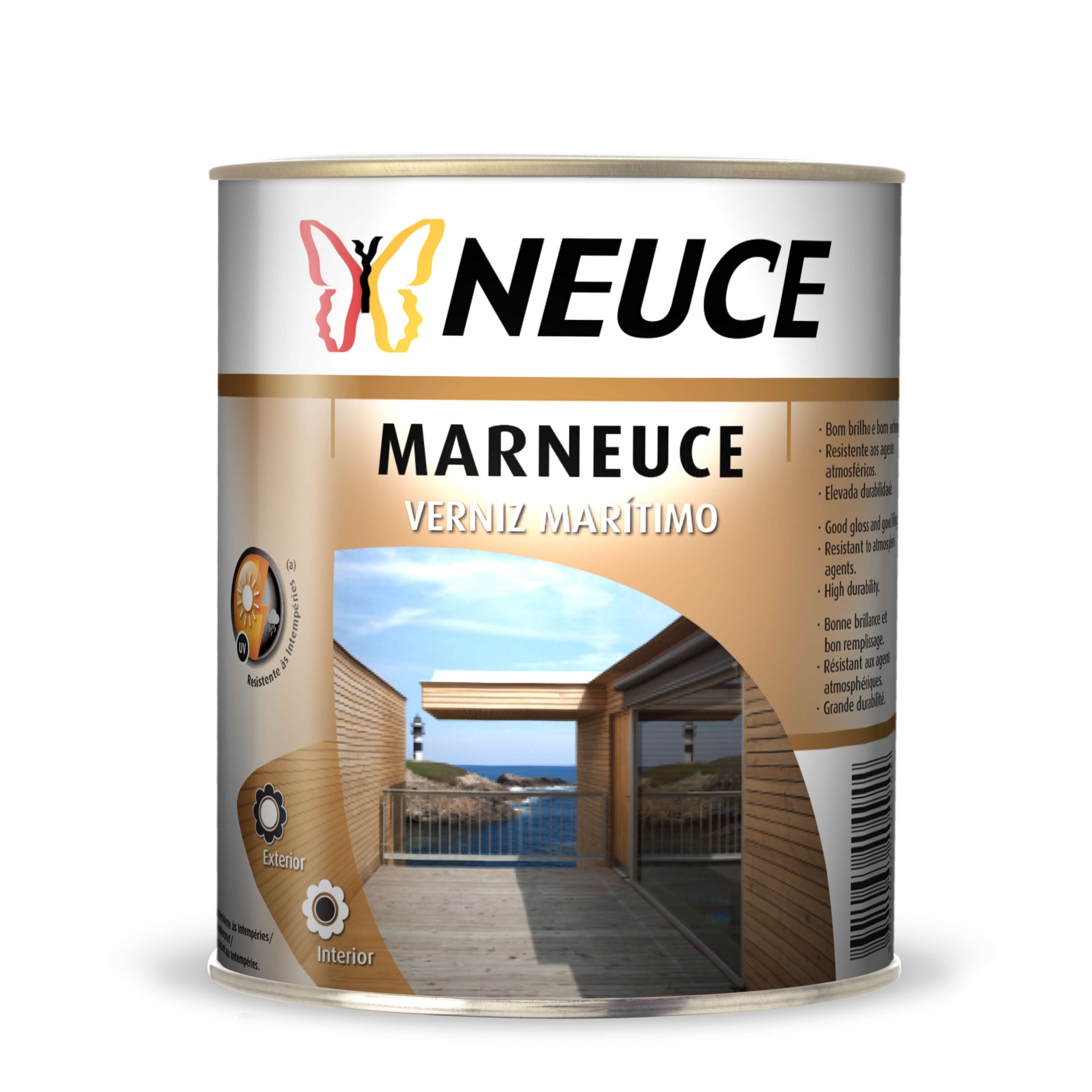 Lata de verniz marítimo NEUCE Marneuce com imagem de varanda de madeira junto ao mar