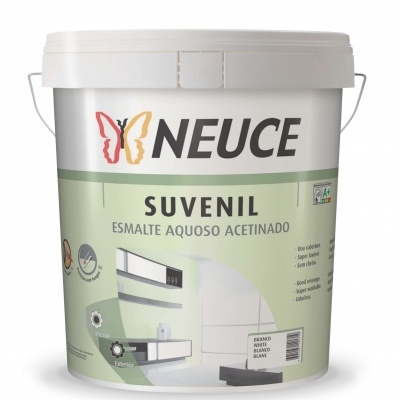 Balde de tinta NEUCE Suvenil Esmalte Aquoso Acetinado com embalagem verde claro e branco