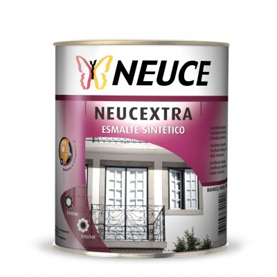 Lata de tinta sintética NEUCE NEUCEXTRA branca e rosa com imagem de janela com grade de ferro