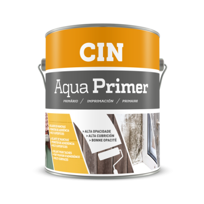 Lata tinta CIN Aqua Primer com texto e imagem rolo pintura
