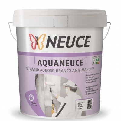 Balde de primário aquoso branco anti-manchas NEUCE com etiqueta lilás e imagem de pintor