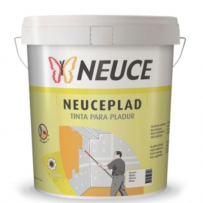 Balde de tinta branca NEUCE para pladur com rótulo amarelo e figura de pessoa a pintar