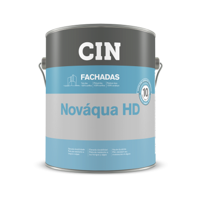 Lata de tinta CIN Nováqua HD para fachadas com design cinzento, azul e branco