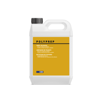 Galão branco de plástico com rótulo amarelo e tampa preta