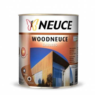 Lata de verniz Woodneuce da Neuce com imagem de casa moderna em madeira