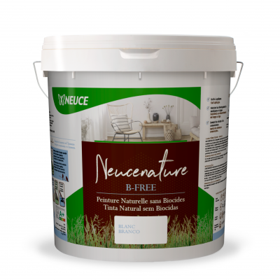 Balde de tinta natural branca Neucenature B-Free com rótulo verde e castanho