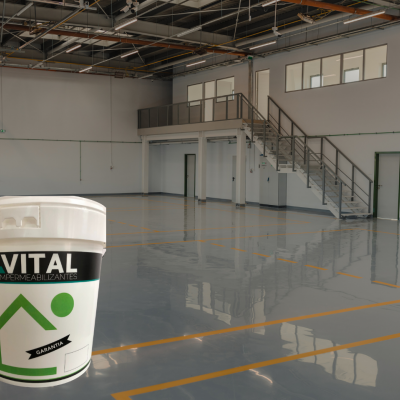 Balde branco VITAL impermeabilizante em chão industrial cinzento brilhante