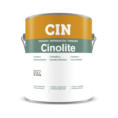 Lata de tinta Cinolite da marca CIN com design de rótulo em amarelo ocre, verde cinza e branco.