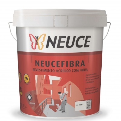 Balde de tinta acrílica com fibra NEUCEFIBRA vermelho e branco com ilustração de aplicação em parede