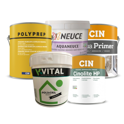 Latas de tinta e primer em várias cores e tamanhos para madeira e impermeabilização