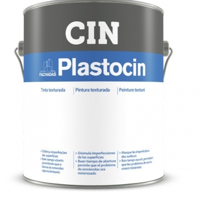 Lata de tinta texturada CIN Plastocin Fassadas com cores branca, cinza e azul