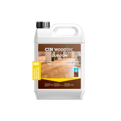 Recipiente plástico branco de verniz CIN WOODtec DUROCIN MB para madeira com rótulo castanho e amarelo.