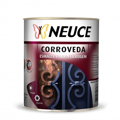 Lata de esmalte para ferrugem NEUCE Corroveda com rótulo bordô e branca, mostrando ferro enferrujado e pintado