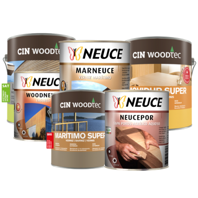 Latas de verniz para madeira das marcas NEUCE e CIN WOODTEC com vários tipos e rótulos visíveis