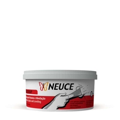 Recipiente de massa para fissuras e nivelamento NEUCE branco com tampa cinza e rótulo vermelho