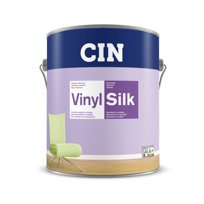 Lata de tinta CIN Vinyl Silk com design lilás e azul e cadeira verde clara